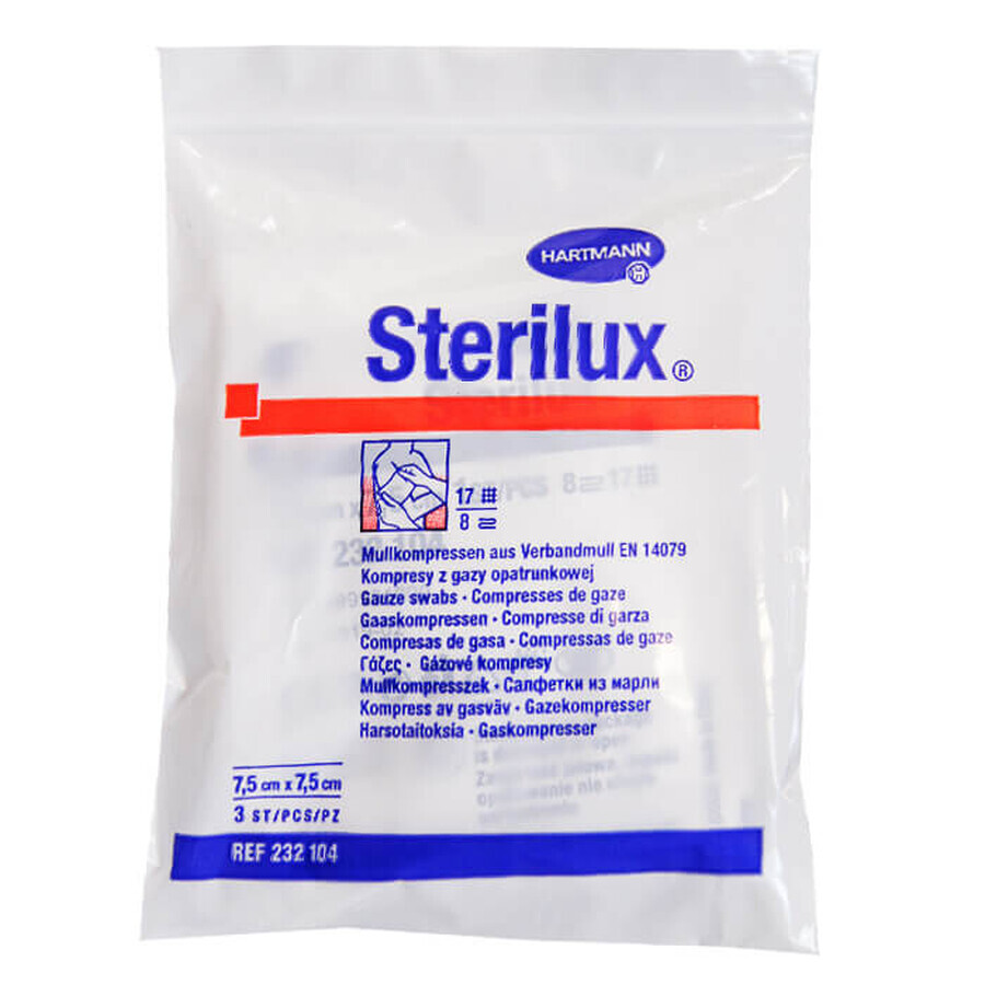 Sterilux, compresses de gaze stériles, 17 fils, 8 couches, 7,5 cm x 7,5 cm, 3 pièces