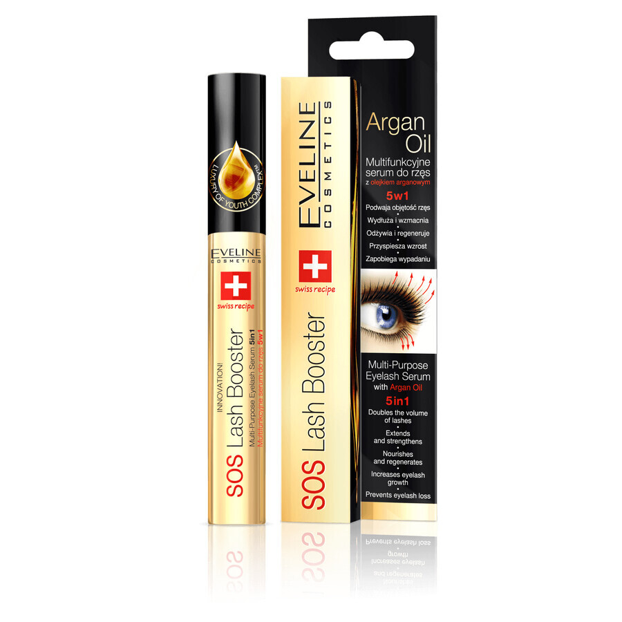 Eveline Cosmetics SOS Lash Booster, sérum multifonctionnel pour les cils à l'huile d'argan 5en1, 10 ml