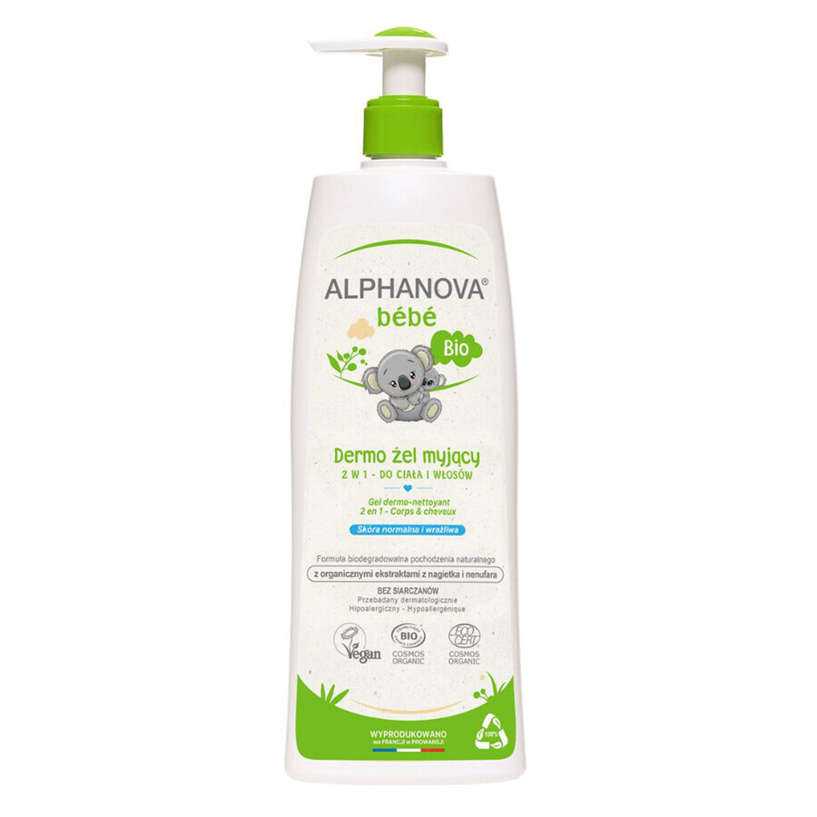 Alphanova Bebe, dermo-gel pour le lavage du corps et des cheveux, naturel, avec pompe, 500 ml