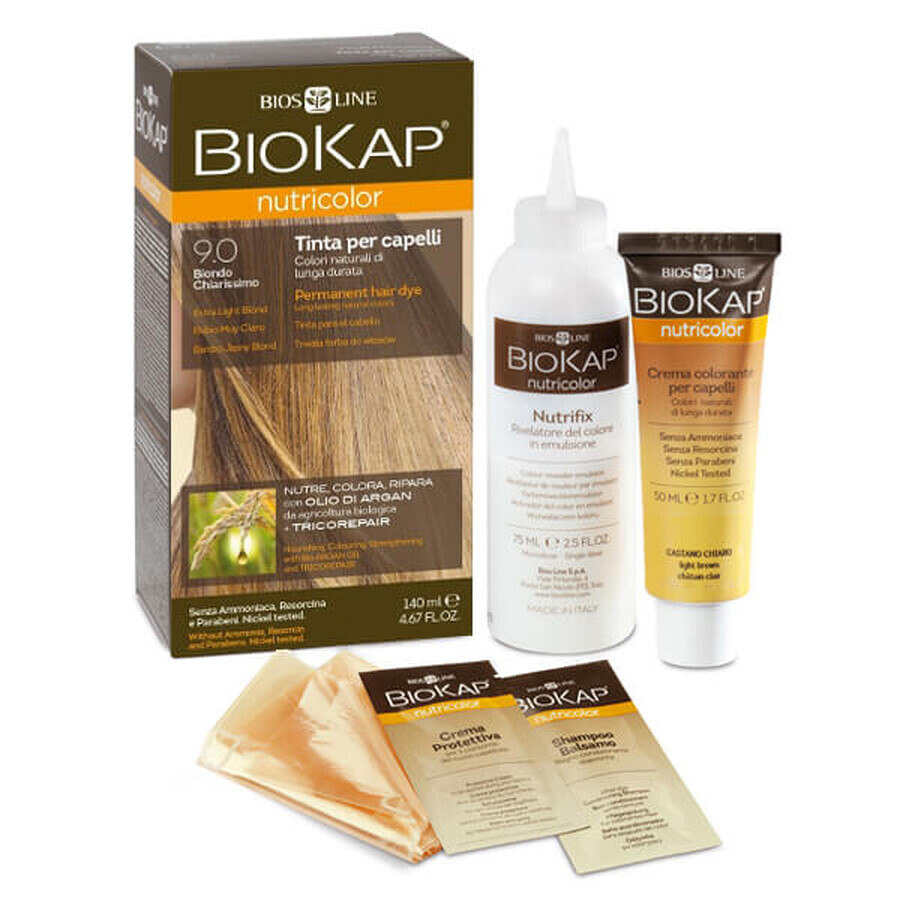 Biokap Nutricolor, tinte colorante para el cabello, 9.0 rubio muy claro, 140 ml