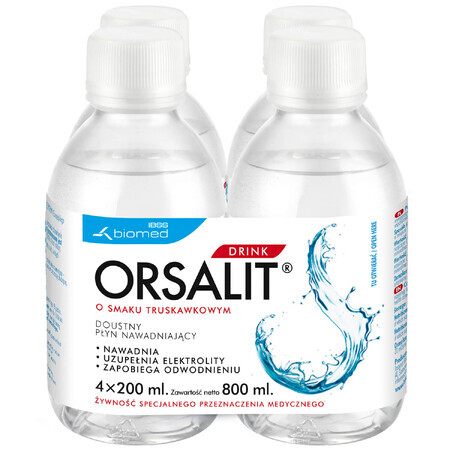 Orsalit Drink, liquide oral réhydratant pour les enfants de plus de 3 ans, goût fraise, 4 x 200 ml