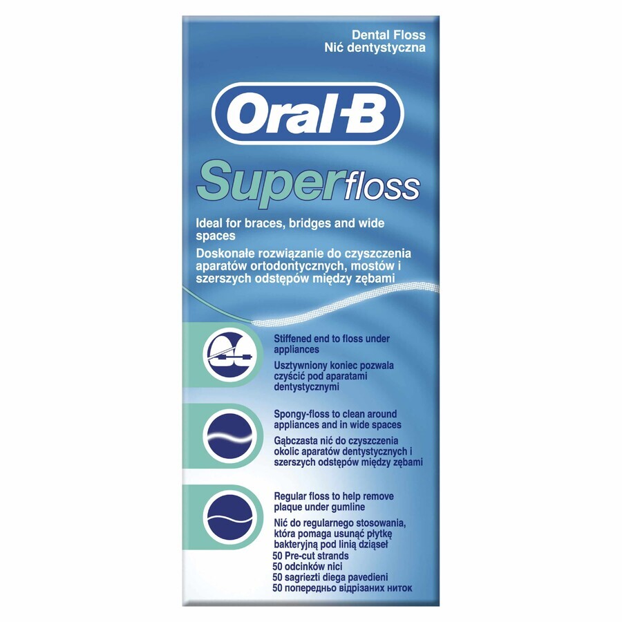 Oral-B Super Floss, dental floss for cleaning orthodontic appliances and bridges, 50 pieces