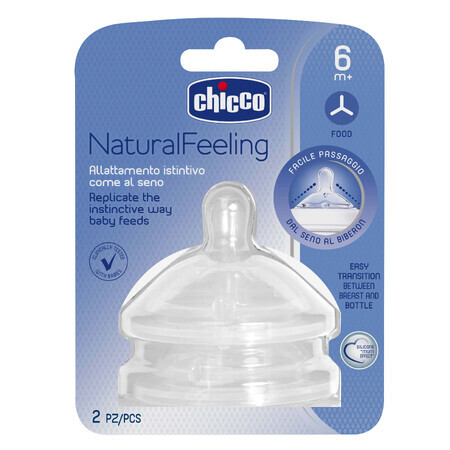 Chicco, NaturalFeeling bottle nipple 6m +, porridge flow, after 6 months, 2 pieces