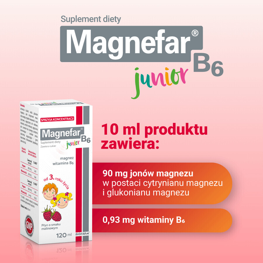 Magnefar B6 Junior, liquide pour enfants à partir de 3 ans et adultes, saveur framboise, 120 ml