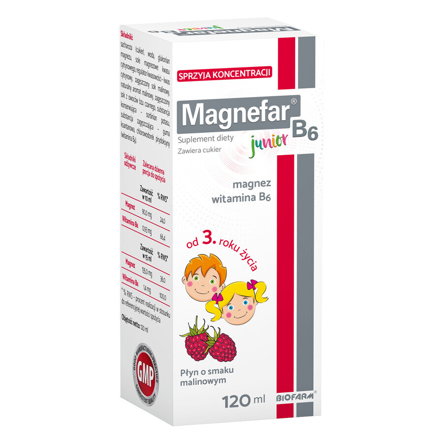 Magnefar B6 Junior, liquide pour enfants à partir de 3 ans et adultes, saveur framboise, 120 ml