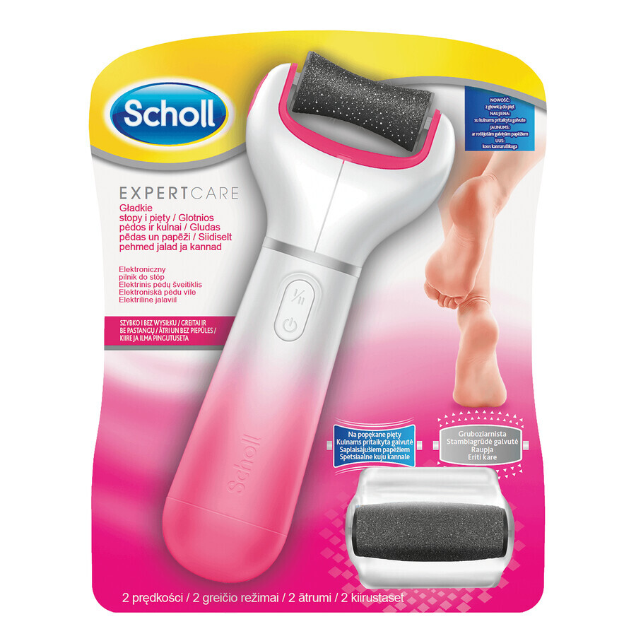 Scholl Expert Care, lime électronique pour les pieds fonctionnant sur piles avec tête pour talon fissuré et tête de remplacement à gros grains, rose, 1 pièce