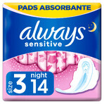 Always Ultra Night Sensitive, serviettes hygiéniques avec ailettes, 14 pièces