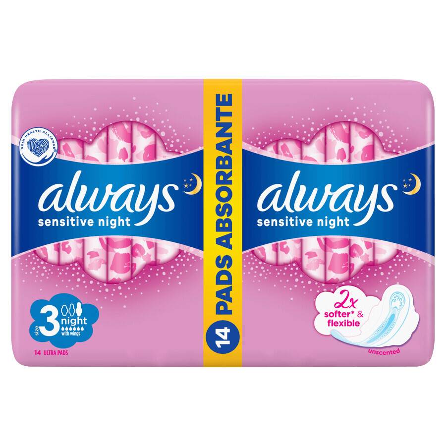 Always Ultra Night Sensitive, serviettes hygiéniques avec ailettes, 14 pièces