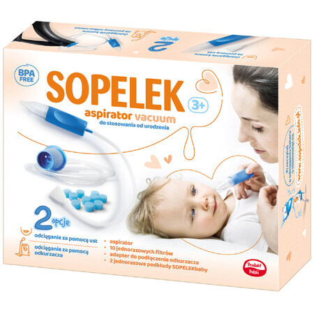 Sopelek 3+, aspirateur nasal, dès la naissance, aspirateur + adaptateur + filtres d'aspiration, jetables, 10 pièces + serviettes hygiéniques, 2 pièces