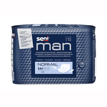 Seni Man, solette urologiche, 7,5 cm x 21,5 cm x 28,5 cm, normali, 15 pezzi