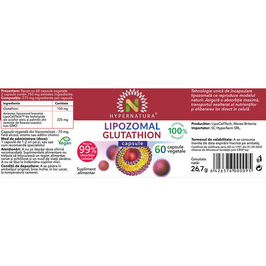 Glutathion lipozomal, 60 gélules végétales, Hypernatura