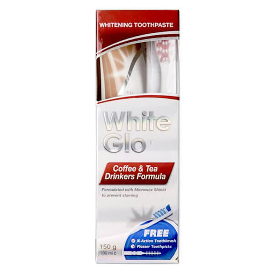 White Glo, dentifricio per bevitori di caffè e tè, 100 ml + spazzolino e stuzzicadenti in regalo