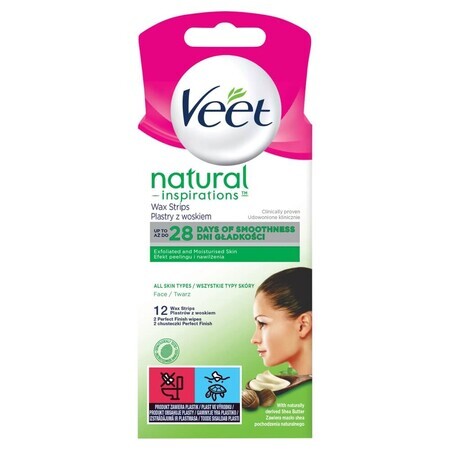 Veet Natural Inspirations, plasturi de ceară pentru epilarea feței, toate tipurile de piele, 12 bucăți