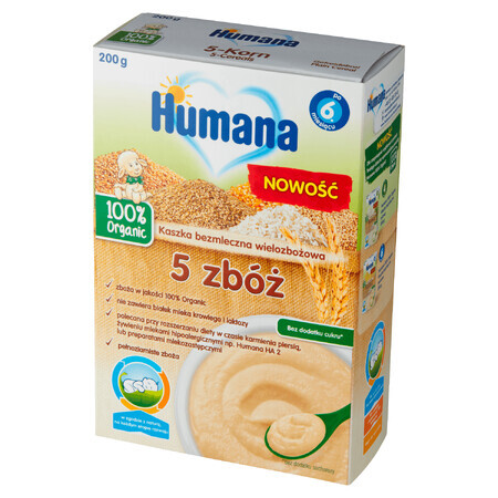 Humana 100% Organic Porridge 5 céréales, sans produits laitiers, sans sucres ajoutés, après 6 mois, 200 g