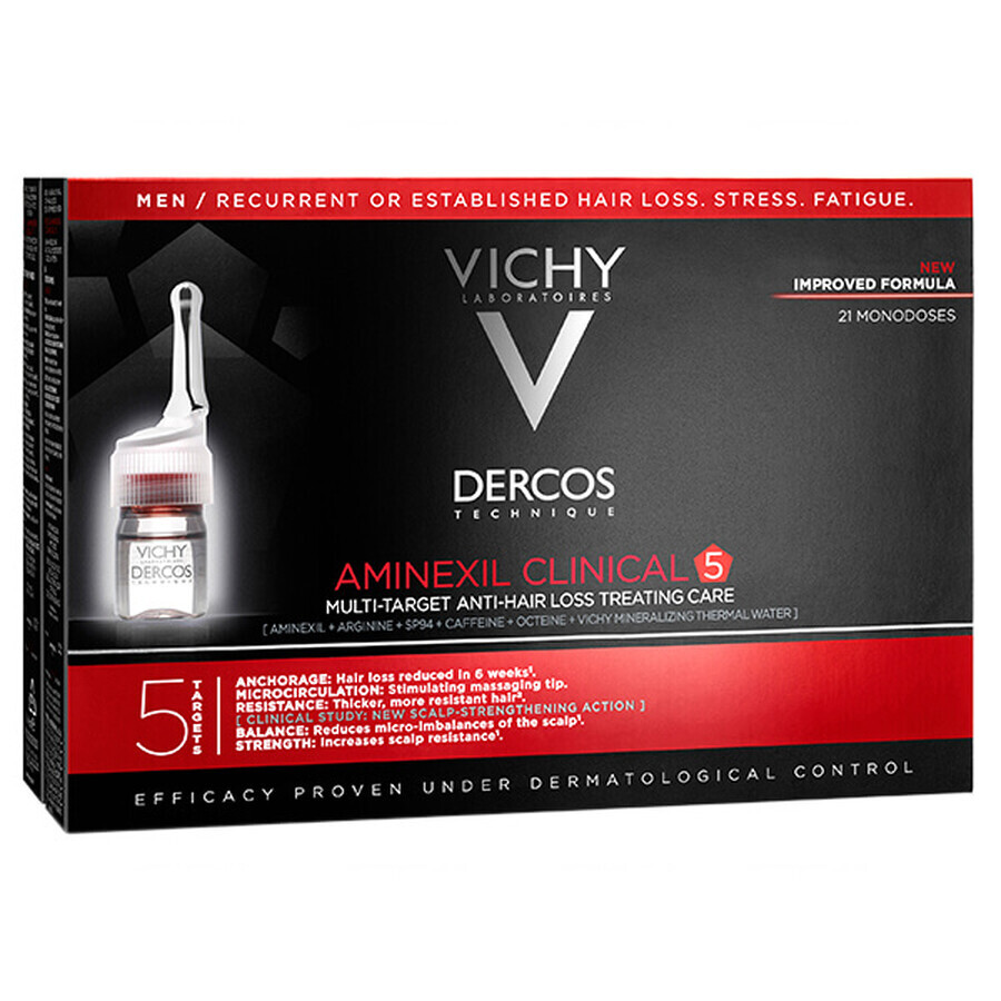 Vichy Dercos Aminexil Clinical 5, traitement de la chute des cheveux pour hommes, 6 ml x 21 ampoules