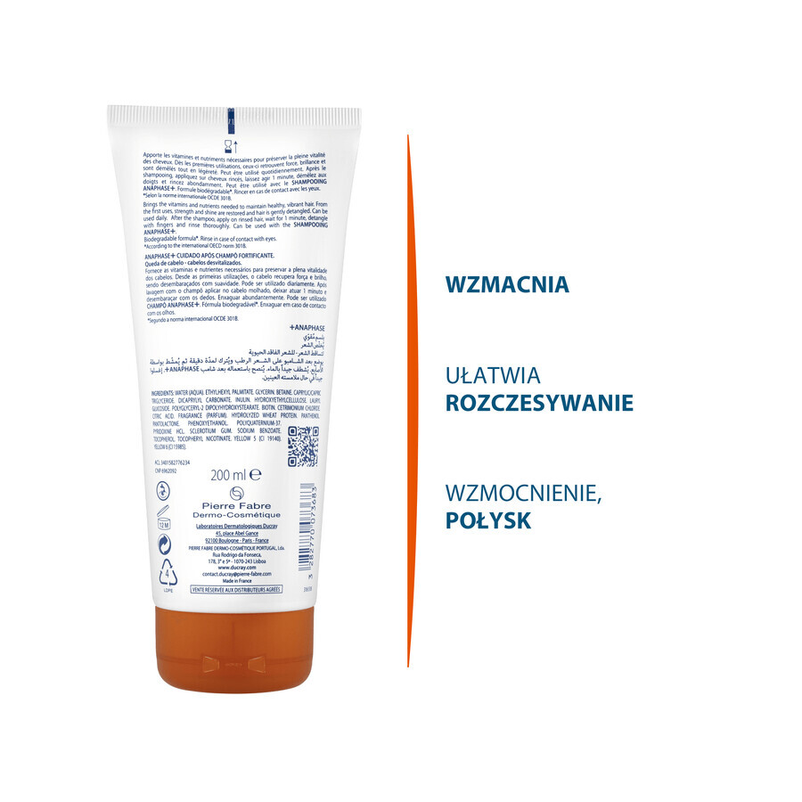 Ducray Anaphase+, acondicionador capilar fortalecedor, facilita el peinado, 200 ml