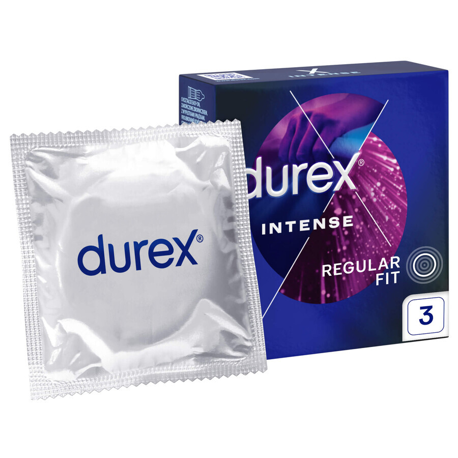 Durex Intense, préservatifs avec gel stimulant, nervurés avec passepoil, 3 pièces