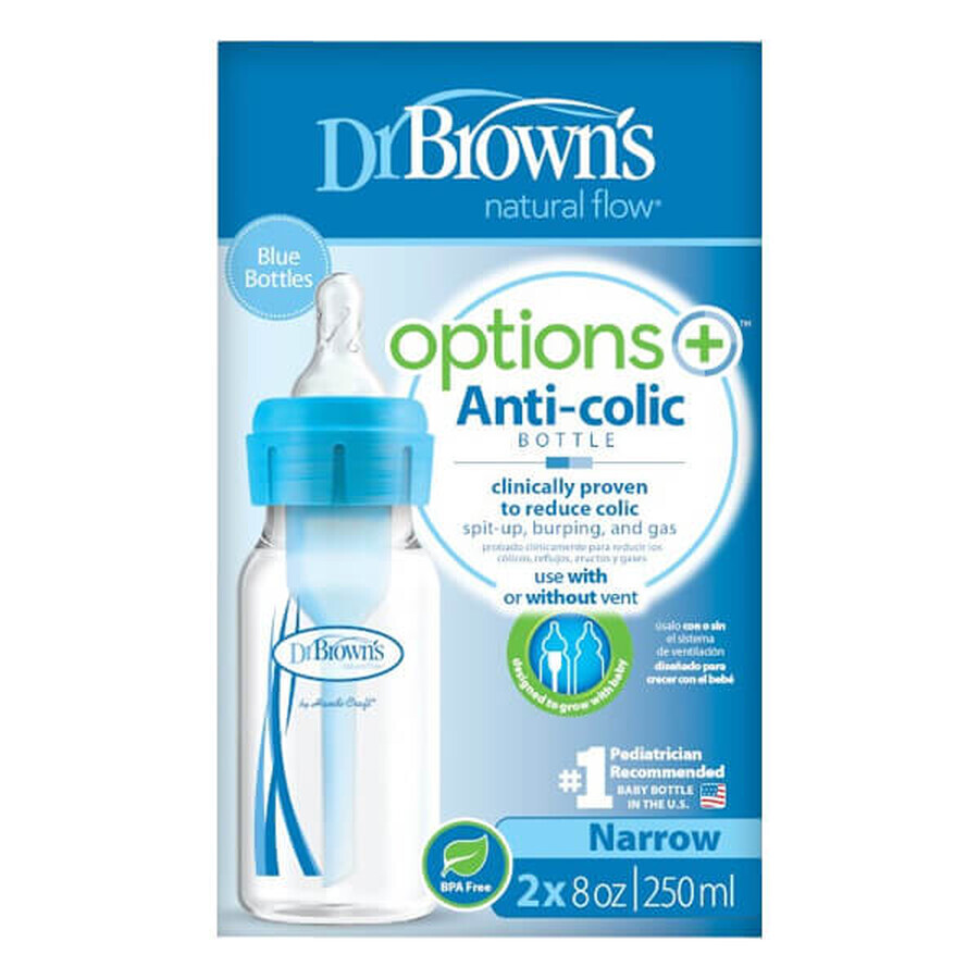 Dr Brown's Options+ Standard Anti-Colic Baby Bottle with Narrow Neck and Size 1 Teat, Blue, From Birth, 2 x 250ml