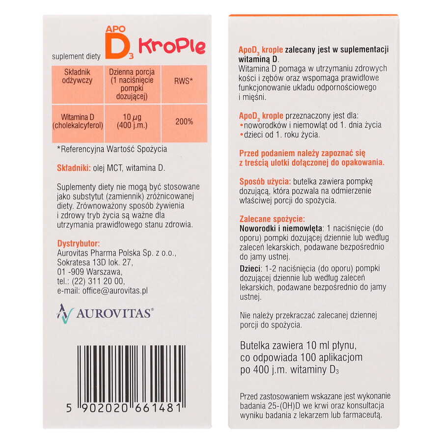 ApoD3 Drops, vitamine D3 400 UI pour les nourrissons et les enfants à partir du 1er jour, 10 ml