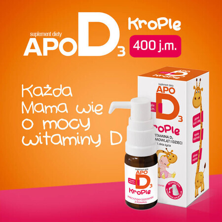 ApoD3 Drops, vitamine D3 400 UI pour les nourrissons et les enfants à partir du 1er jour, 10 ml