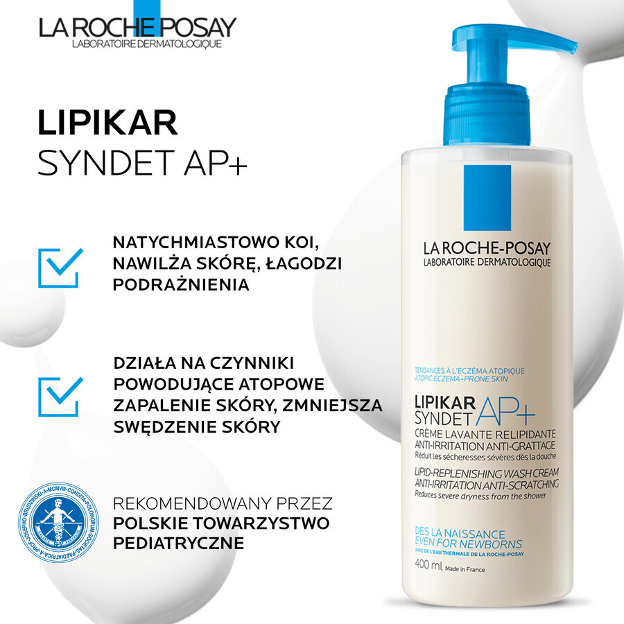 La Roche-Posay Lipikar Syndet AP+, crème corps relipidante, dès la naissance, 400 ml