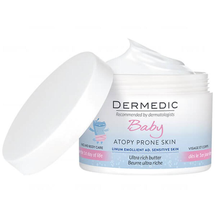 Dermedic Linum Emolient Baby, beurre gras intensif pour le visage et le corps dès le premier jour de vie, peaux sèches, très sèches et atopiques, 225 g