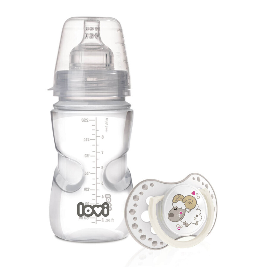 Lovi Medical+ set, biberon anti-colic cu tetină dinamică, terci, de la 6 luni, 250 ml + suzetă, 3-6 luni