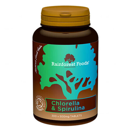 Rainforest Foods Chlorella et Spiruline BIO 500 mg, 300 comprimés