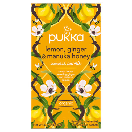 Pukka Lemon Ginger & Manuka Honey Organic, té de frutas y hierbas, jengibre y limón, aromatizado, 2 g x 20 bolsitas