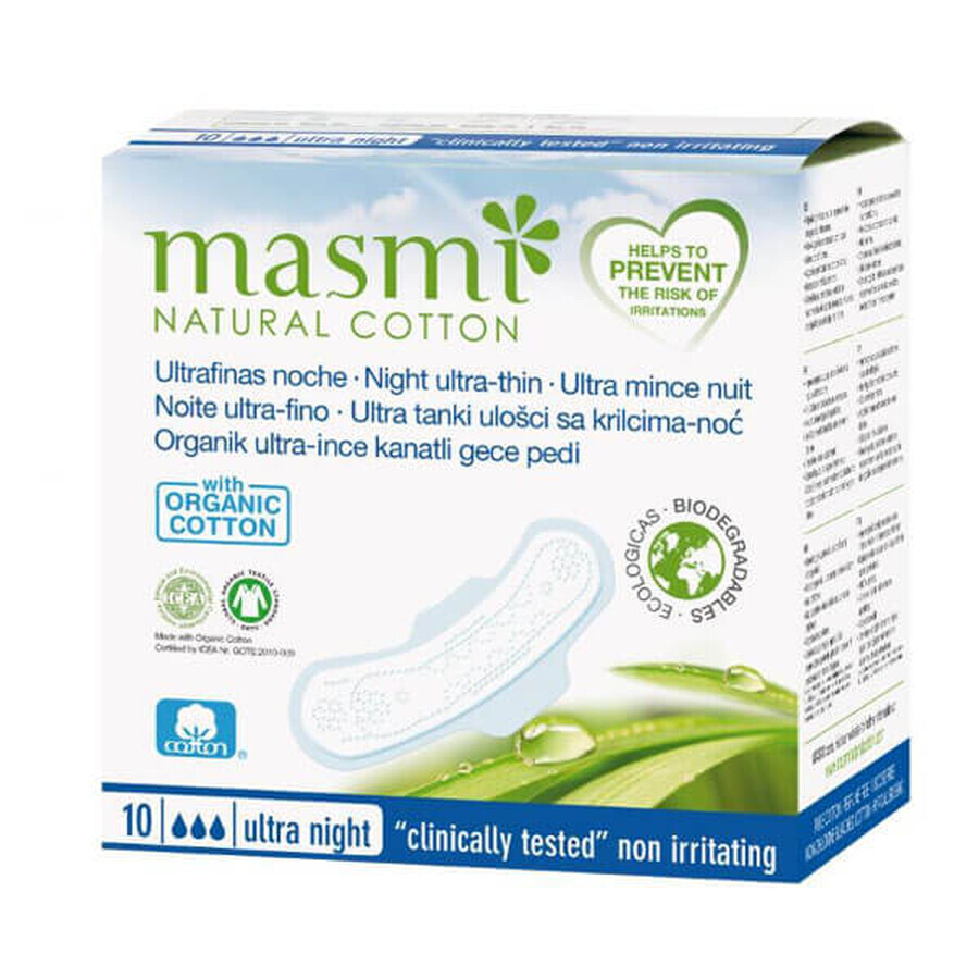 Masmi Natural Cotton, serviettes hygiéniques en coton biologique, avec ailettes, pour la nuit, ultra-fines, 10 pièces