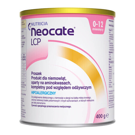 Neocate LCP, para lactantes con alergia a las proteínas de la leche de vaca e intolerancia compleja, 0-12 meses, 400 g