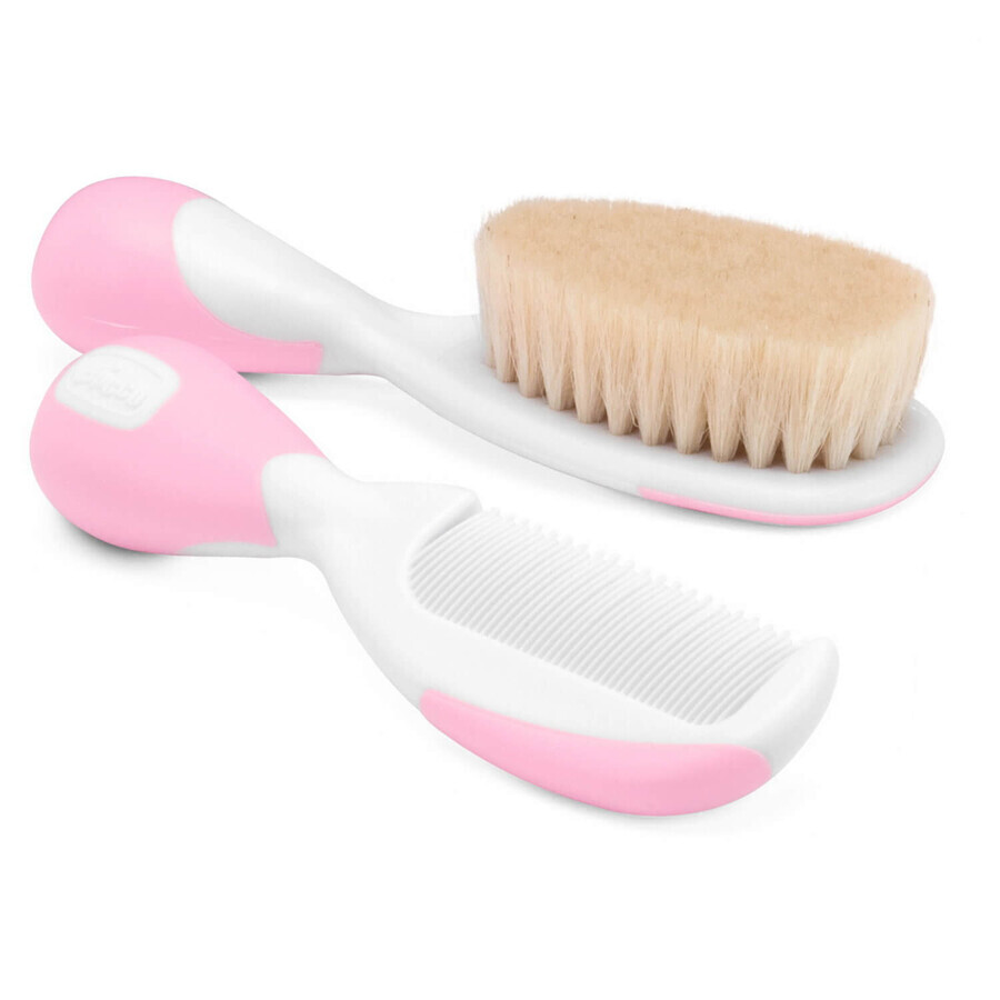 Chicco, brosse à cheveux en poils naturels + peigne, rose, dès la naissance