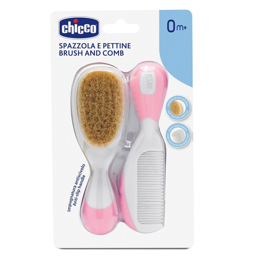 Chicco, brosse à cheveux en poils naturels + peigne, rose, dès la naissance