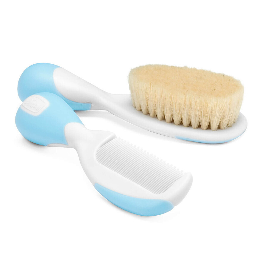 Chicco, brosse à cheveux en poils naturels + peigne, turquoise, dès la naissance