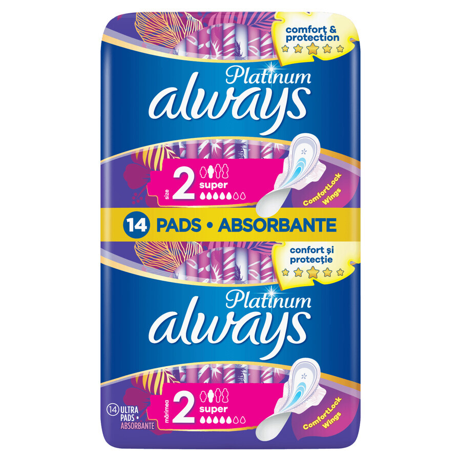 Always Platinum, serviettes hygiéniques avec ailettes, Ultra Super Plus, 14 pièces