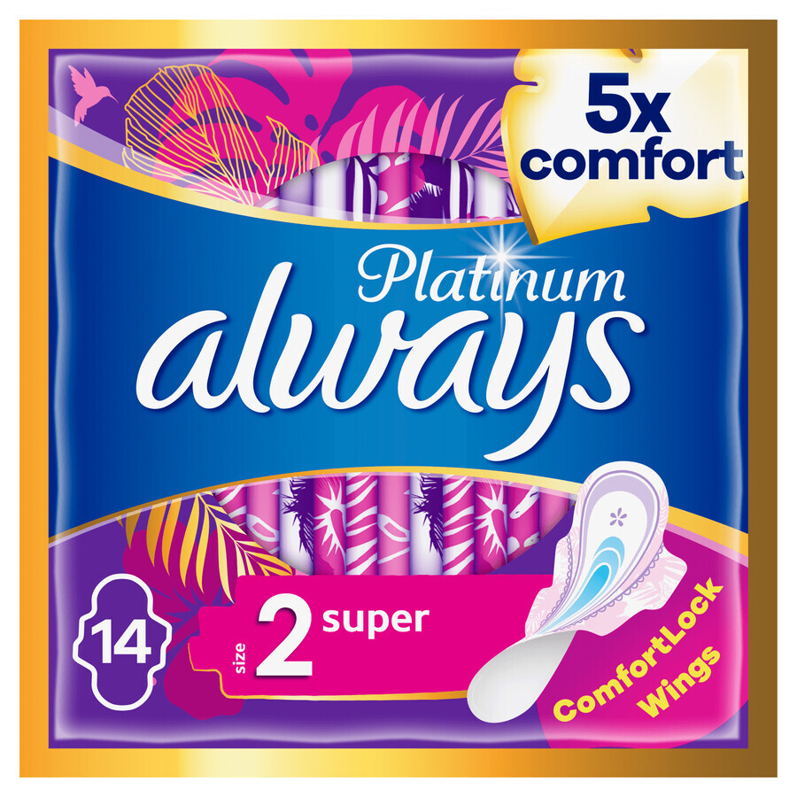 Always Platinum, serviettes hygiéniques avec ailettes, Ultra Super Plus, 14 pièces