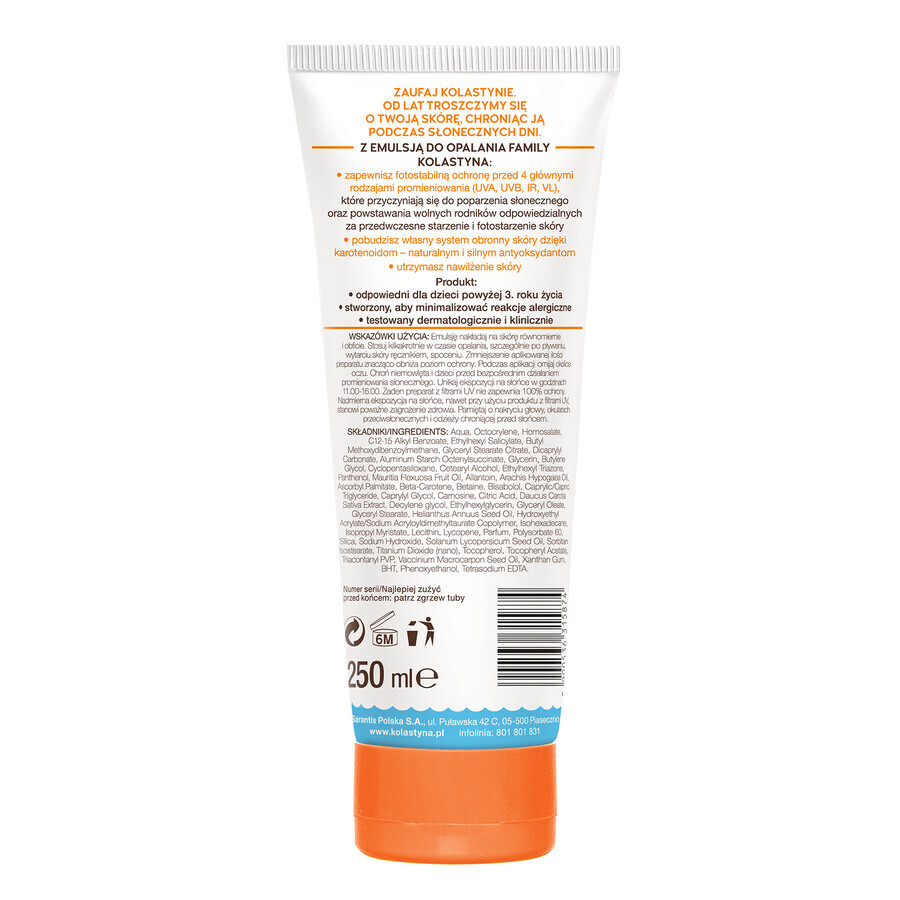 Kolastyna Family, émulsion solaire, pour enfants et adultes, SPF 30, 250 ml