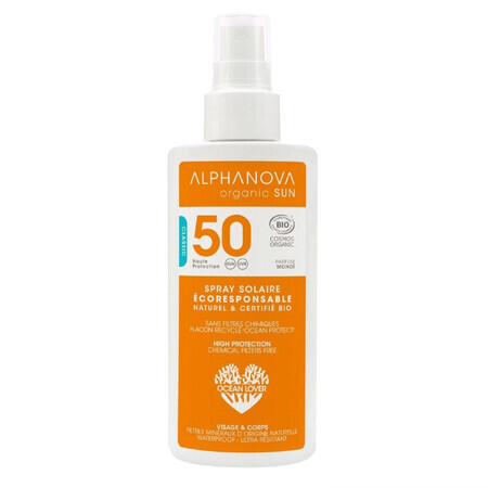 Alphanova Sun Bio, spray solaire, hypoallergénique, SPF 50, 125 g