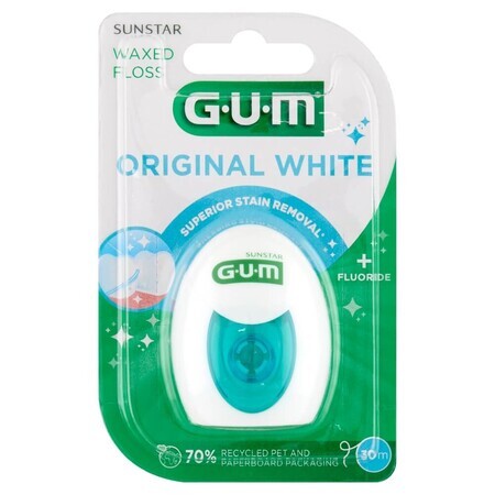 Sunstar Gum Original White, fil dentaire, ciré, 30 m