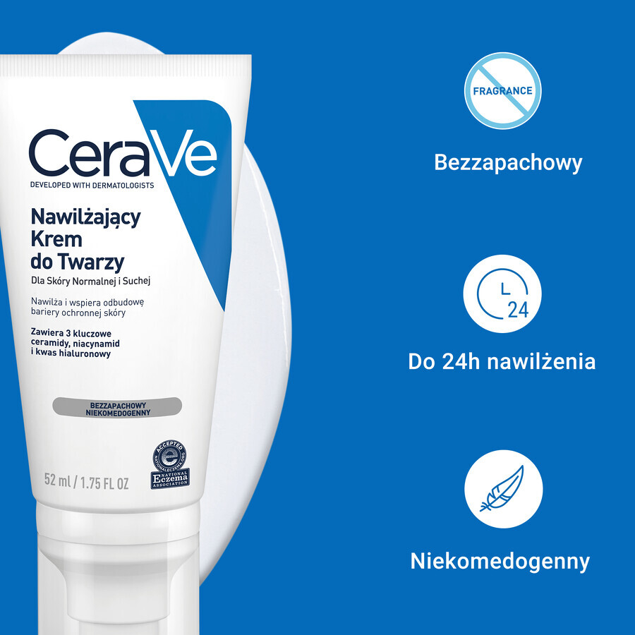 CeraVe, crème hydratante aux céramides pour le visage, peau normale et sèche, 52 ml