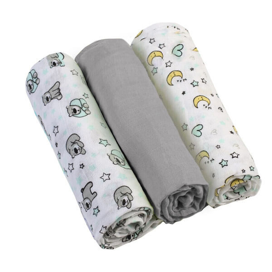 BabyOno, couche en mousseline, 70 cm x 70 cm, gris, 3 pcs