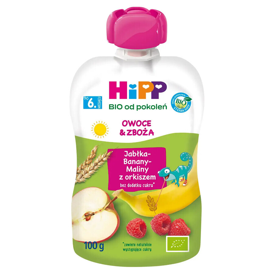 HiPP Fruit en Granen Bio, appel, banaan, framboos met spelt, na 6 maanden, 100 g