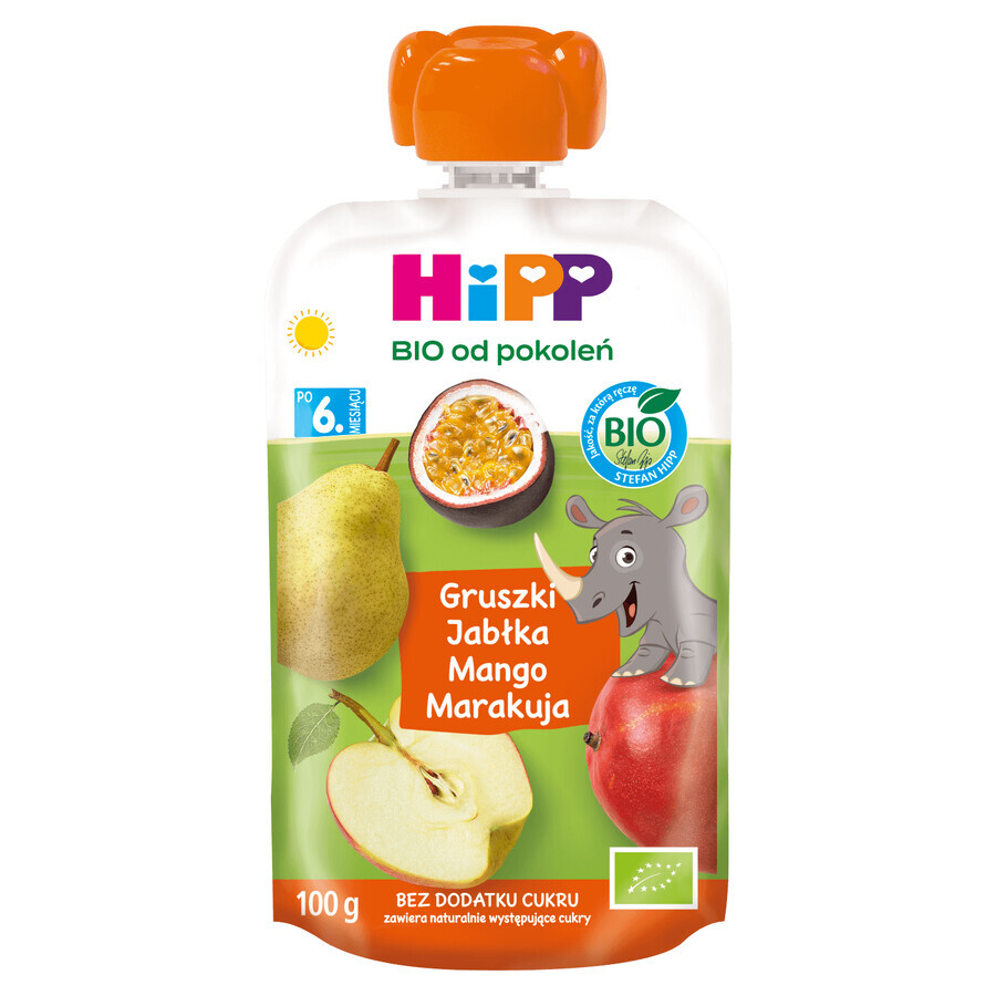 HiPP HiPPiS Bio mousse de frutas, pera, manzana, mango y fruta de la pasión, después de 6 meses, 100 g