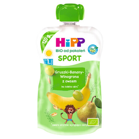 HiPP Sport Bio mousse de frutas, peras, plátanos, uvas con avena, después de 1 año, 120 g