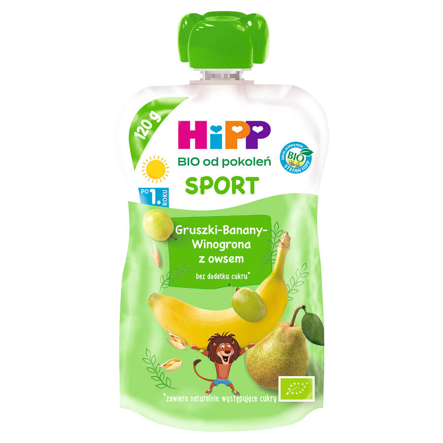 HiPP Sport Bio mousse de frutas, peras, plátanos, uvas con avena, después de 1 año, 120 g