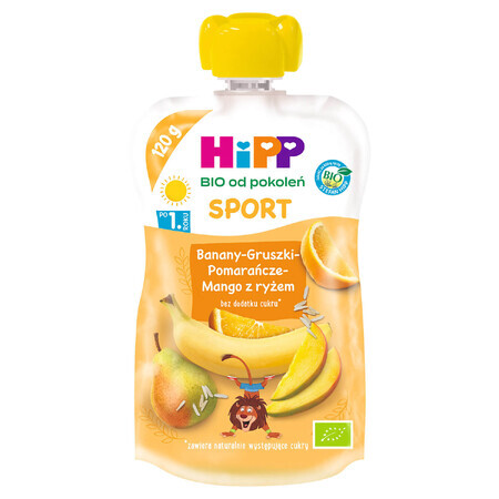 HiPP Sport Bio mousse de fruits, banane, poire, orange, mangue avec du riz, après 1 an, 120 g