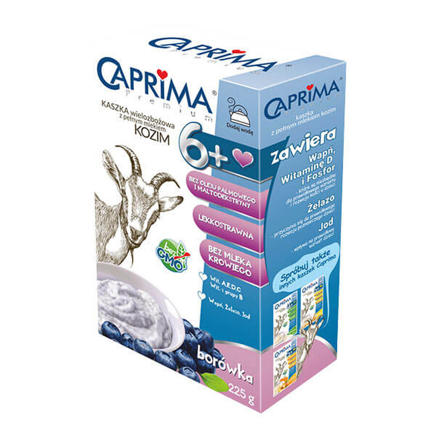 Papilla Caprima Premium con leche entera de cabra, arándano, después de 6 meses, 225 g