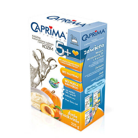 Caprima Premium Papilla de maíz y arroz con leche entera de cabra, calabaza y melocotón, sin gluten, a partir de 5 meses, 225 g