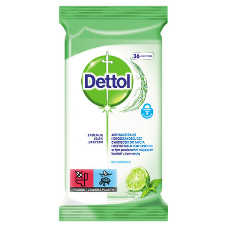 Dettol, lingettes antibactériennes et anti-levures pour le nettoyage et la désinfection des surfaces, citron vert et menthe, 36 pièces