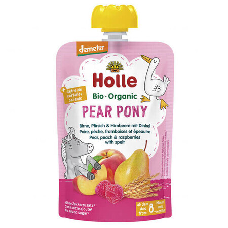 Holle, Mousse de fruits en tube, Pony de poire, poire, pêche et framboise, après 8 mois, 100 g